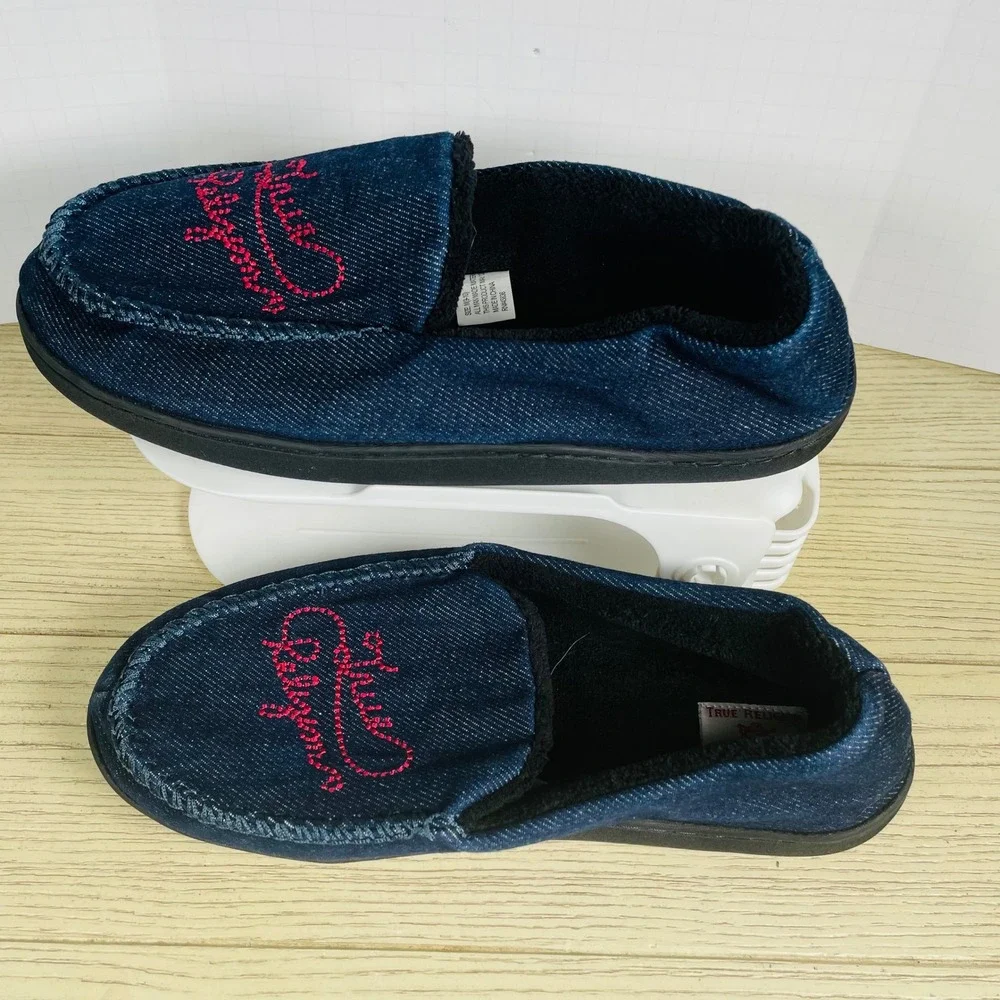True Religion Denim Embroidered Logo Slip On Cozy Slippers Shoes‎ Mens M (9-10)